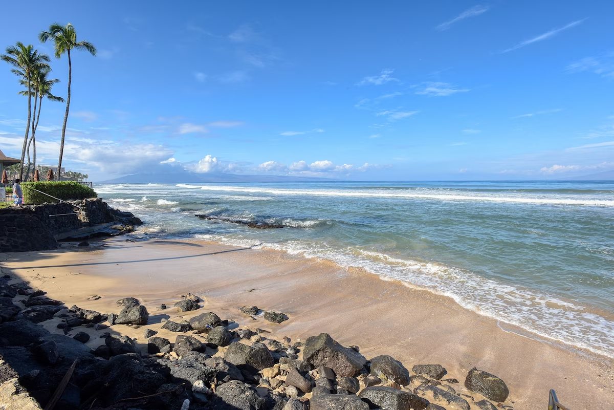 A beach with rocks and water on the shore.