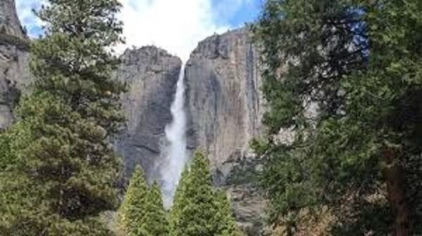 A waterfall with trees in the foreground and a sky background