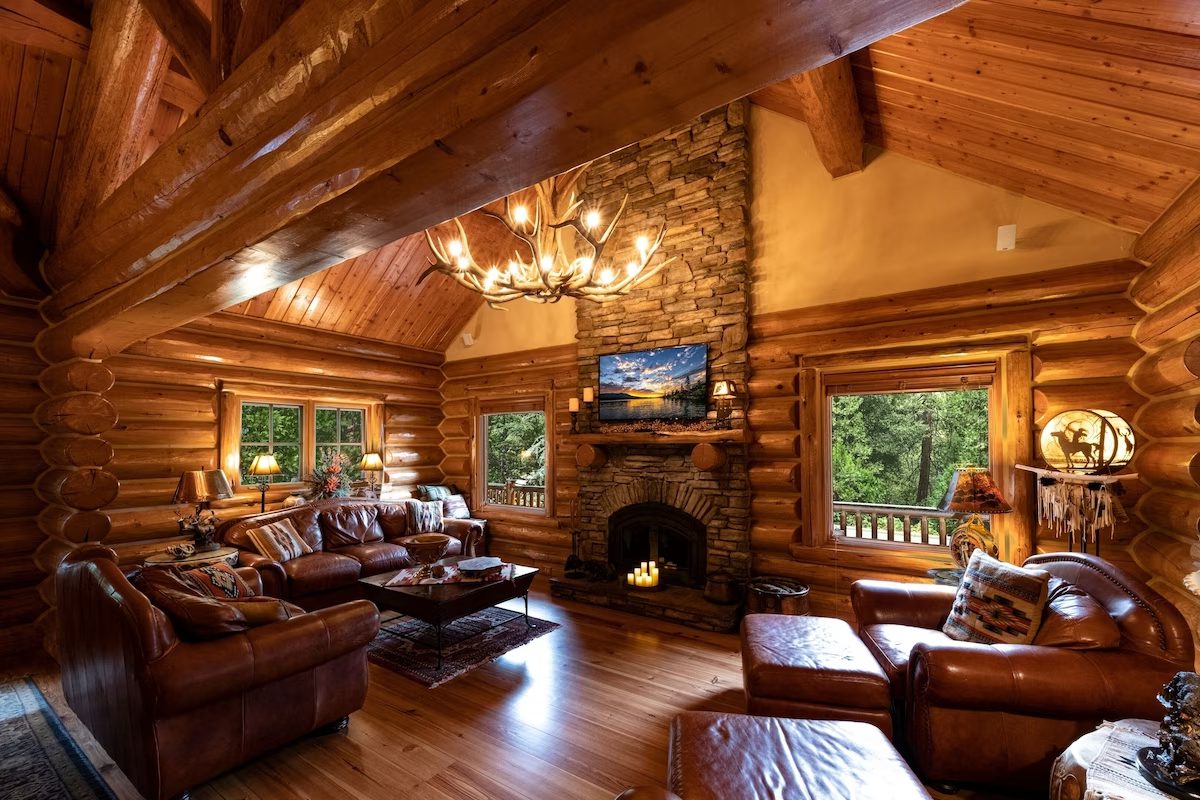 A living room with wood floors and furniture.