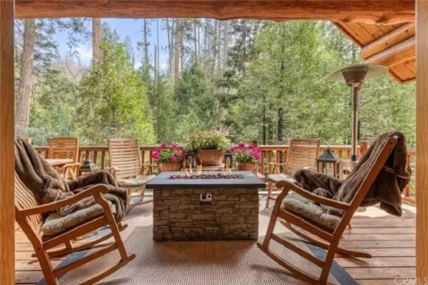 A patio with chairs and a fire pit.