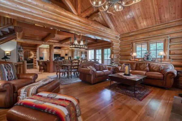 A living room filled with furniture and wooden walls.