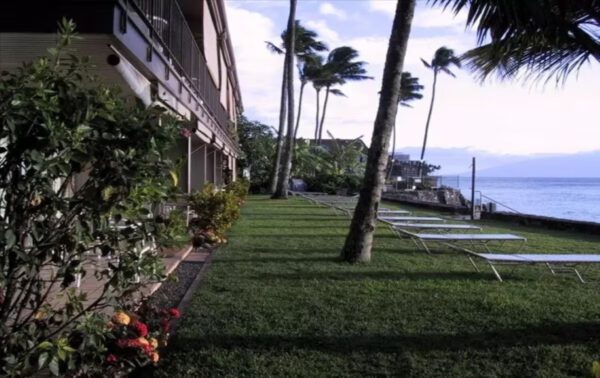 A hotel with palm trees and flowers in the foreground.