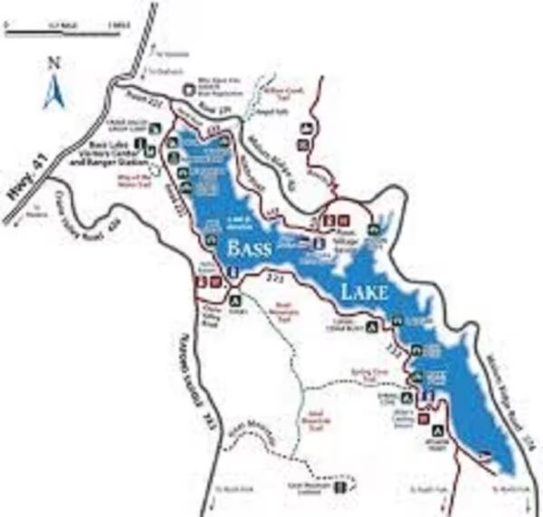 A map of the area with lake and river locations.